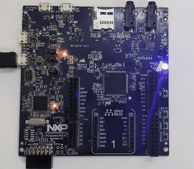 LED blinking on NXP LPC55S69-EVK board running AI-generated firmware via RespCode